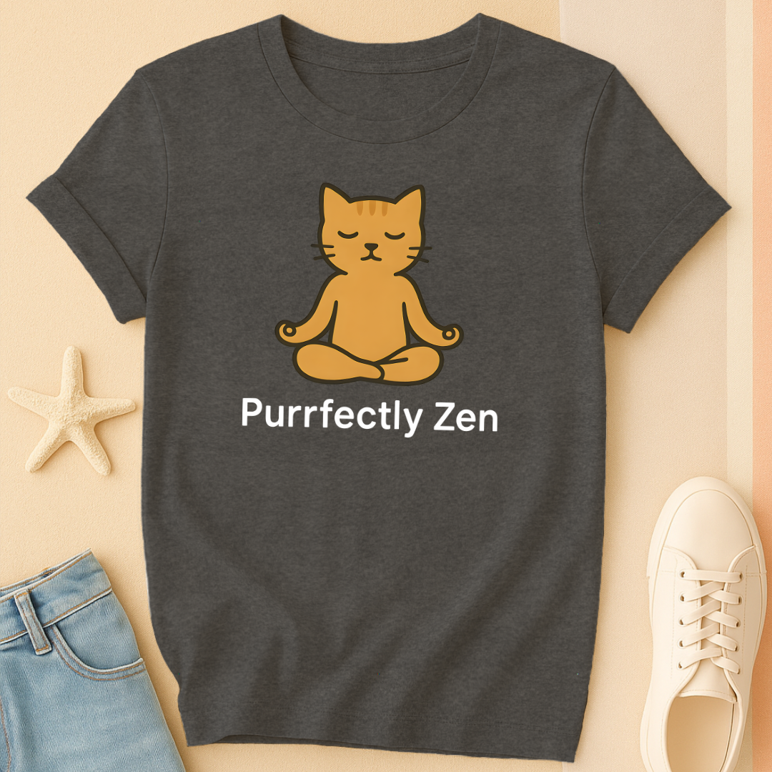 Gray t-shirt with a cat illustration and 'Purrfectly Zen' text on a beige background