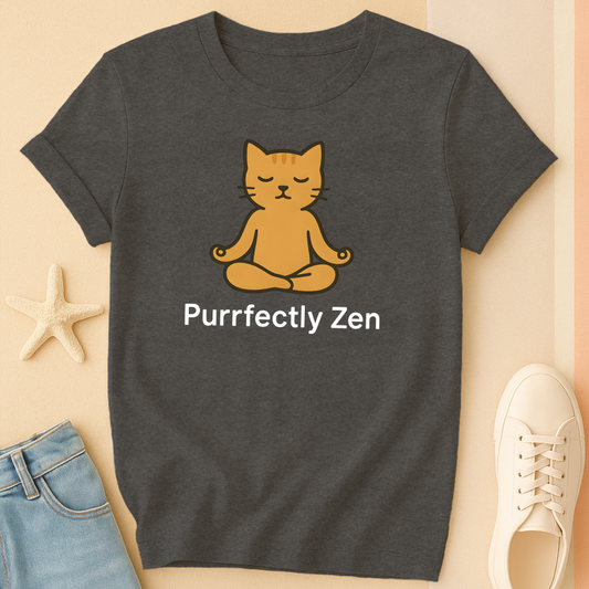 Gray t-shirt with a cat illustration and 'Purrfectly Zen' text on a beige background