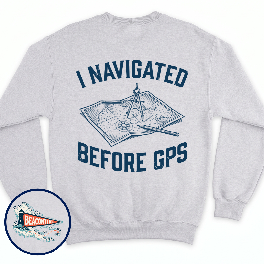 I Navigated Before GPS crewneck sweatshirt in Ash, back view — paper chart, dividers and pencil, BeaconTide