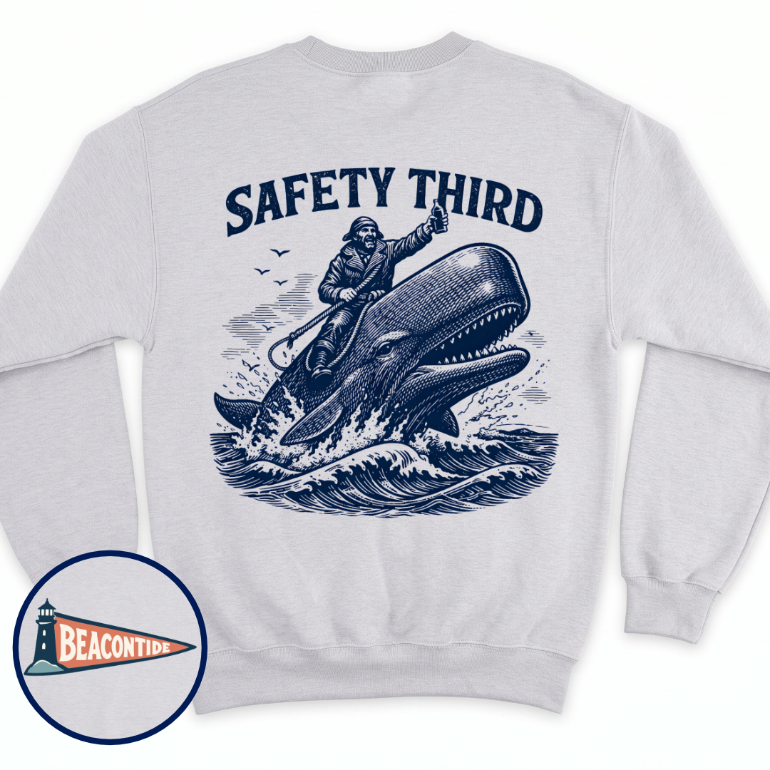 Safety Third crewneck sweatshirt in Ash, back view — man riding a whale with a thumbs up, BeaconTide