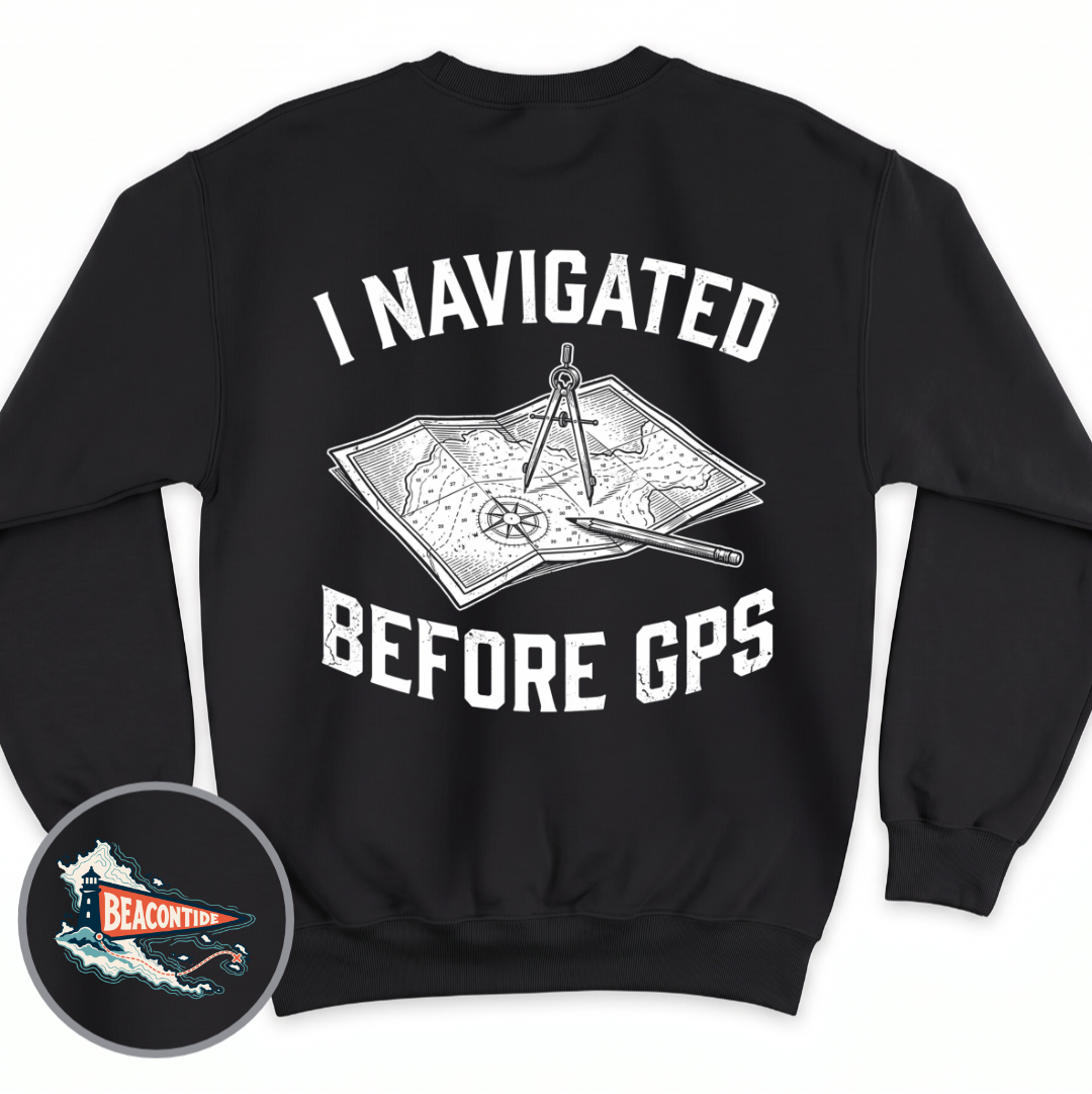 I Navigated Before GPS crewneck sweatshirt in Black, back view — paper chart, dividers and pencil, BeaconTide