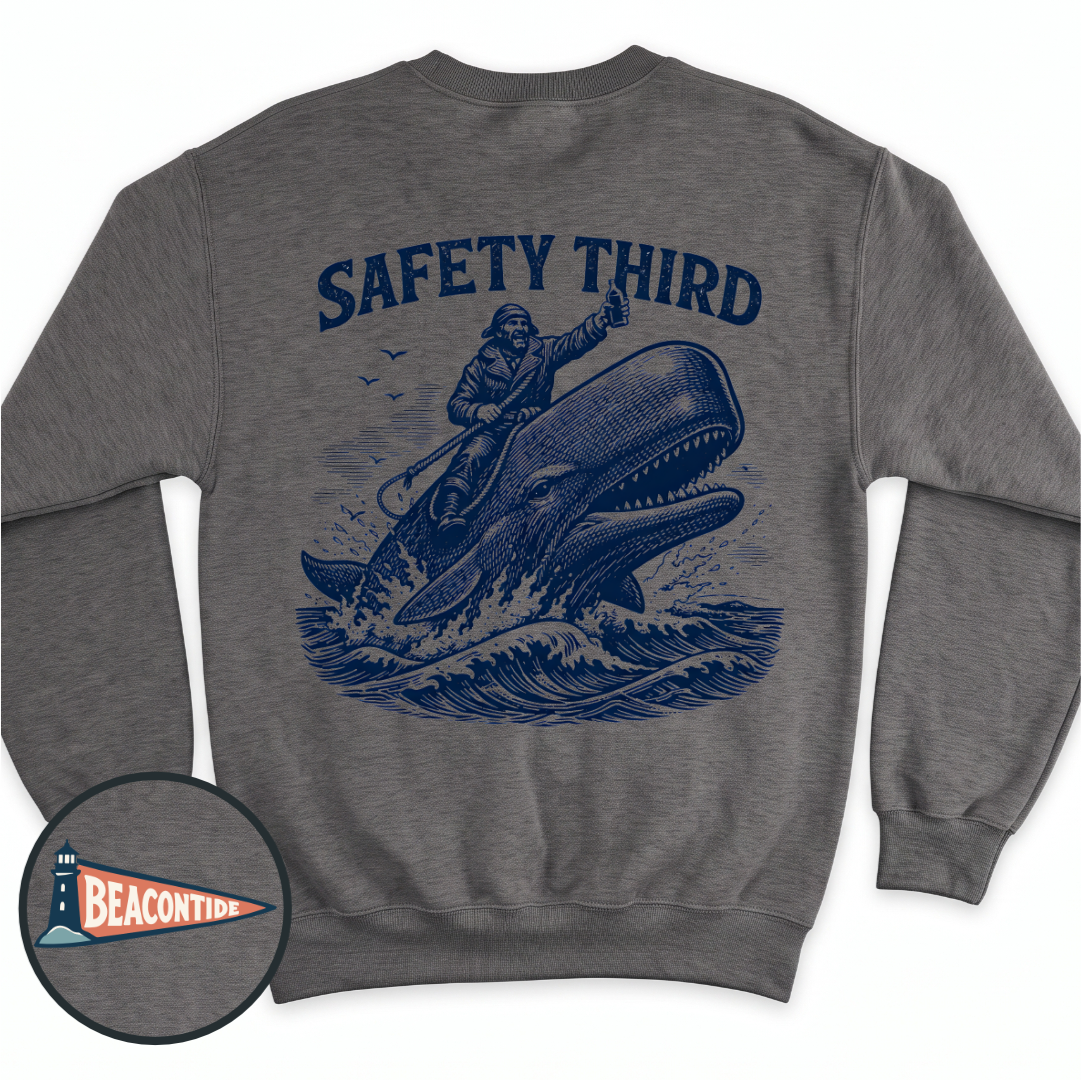 Safety Third crewneck sweatshirt in Dark Heather, back view — man riding a whale with a thumbs up, BeaconTide