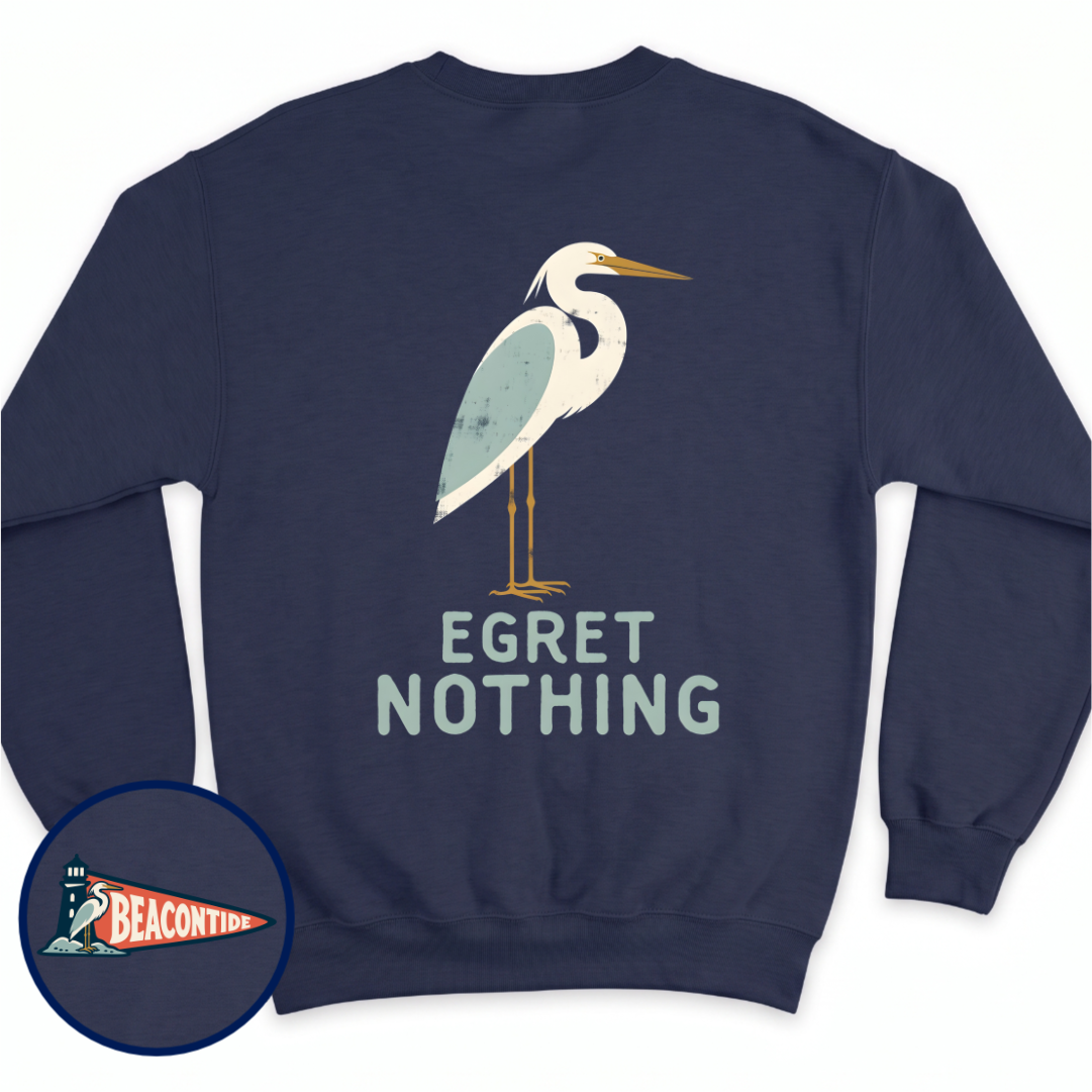 Egret Nothing crewneck sweatshirt in Navy, back view — a white egret standing tall over the words Egret Nothing, BeaconTide