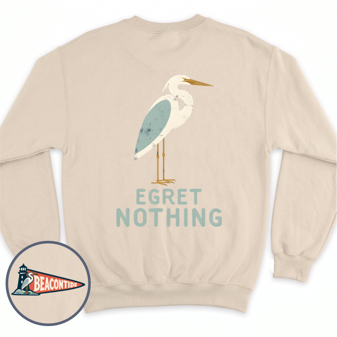 Egret Nothing crewneck sweatshirt in Sand, back view — a white egret standing tall over the words Egret Nothing, BeaconTide