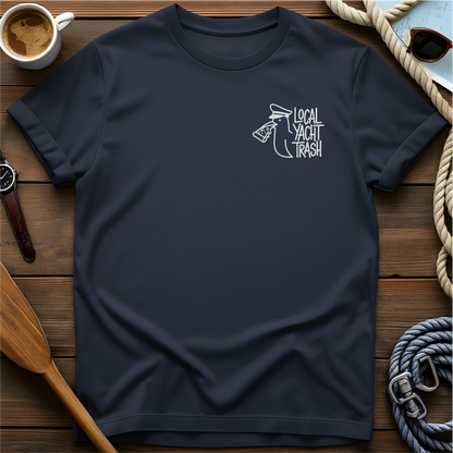 T-shirt with a line-drawn seagull in a captain's hat eating pizza, beside the words "Local Yacht Trash."