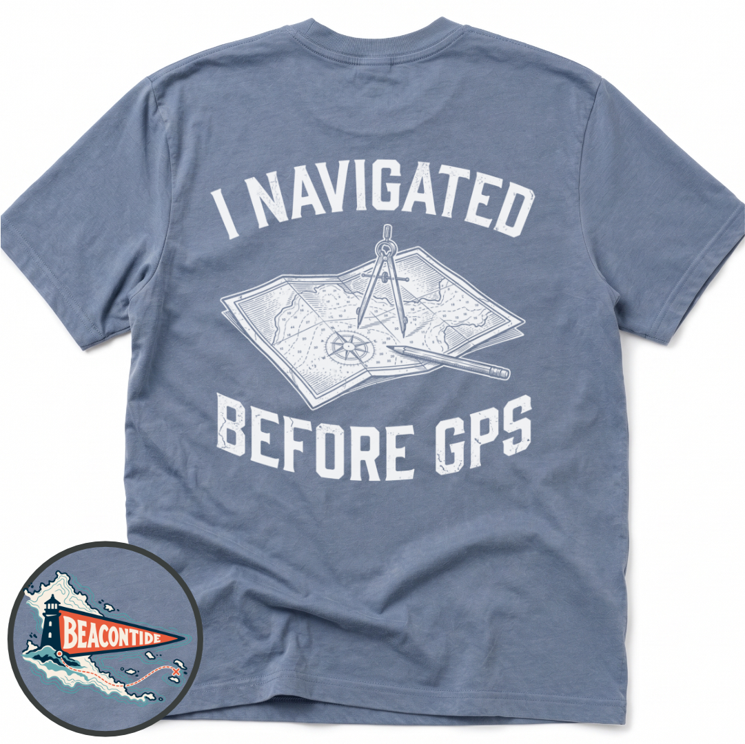 Before GPS Comfort Colors t-shirt in Blue Jean, back view — paper chart and dividers, I Navigated Before GPS, BeaconTide