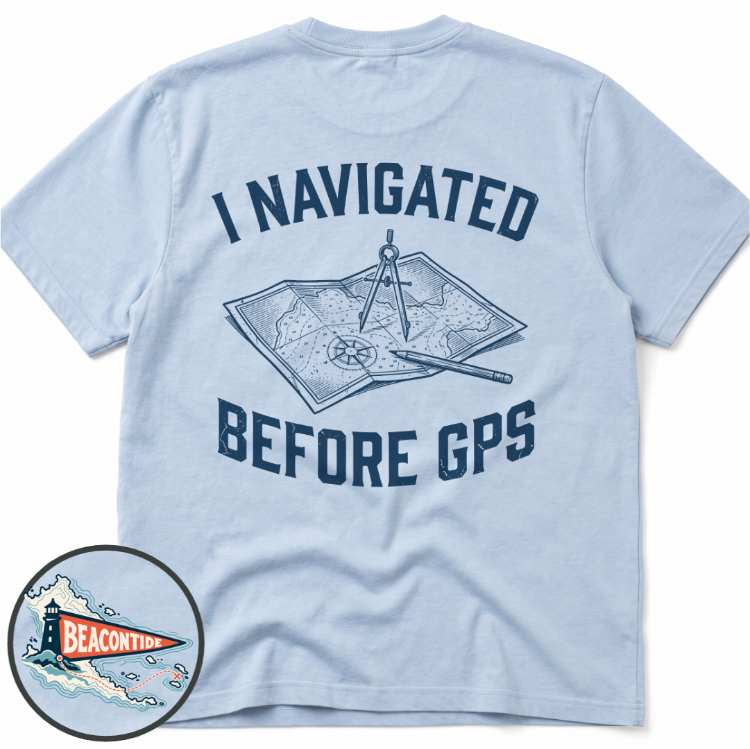 Before GPS Comfort Colors t-shirt in Chambray, back view — paper chart and dividers, I Navigated Before GPS, BeaconTide