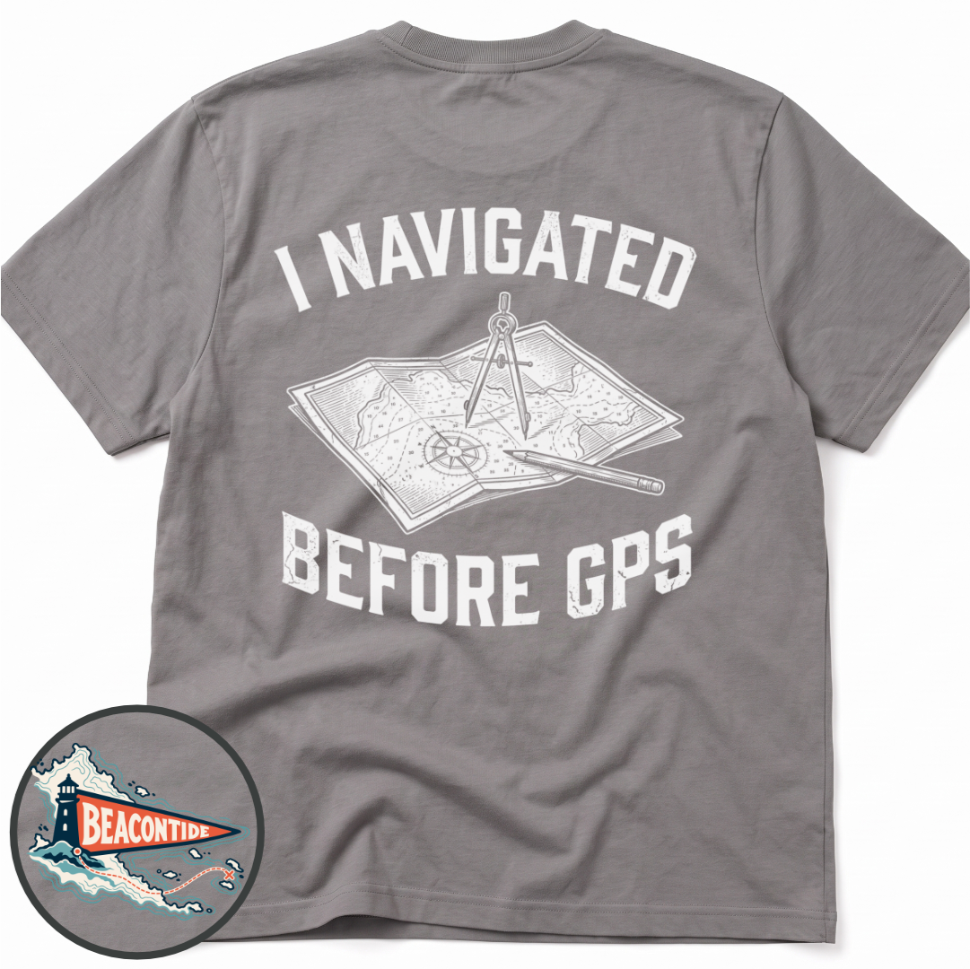 Before GPS Comfort Colors t-shirt in Grey, back view — paper chart and dividers, I Navigated Before GPS, BeaconTide