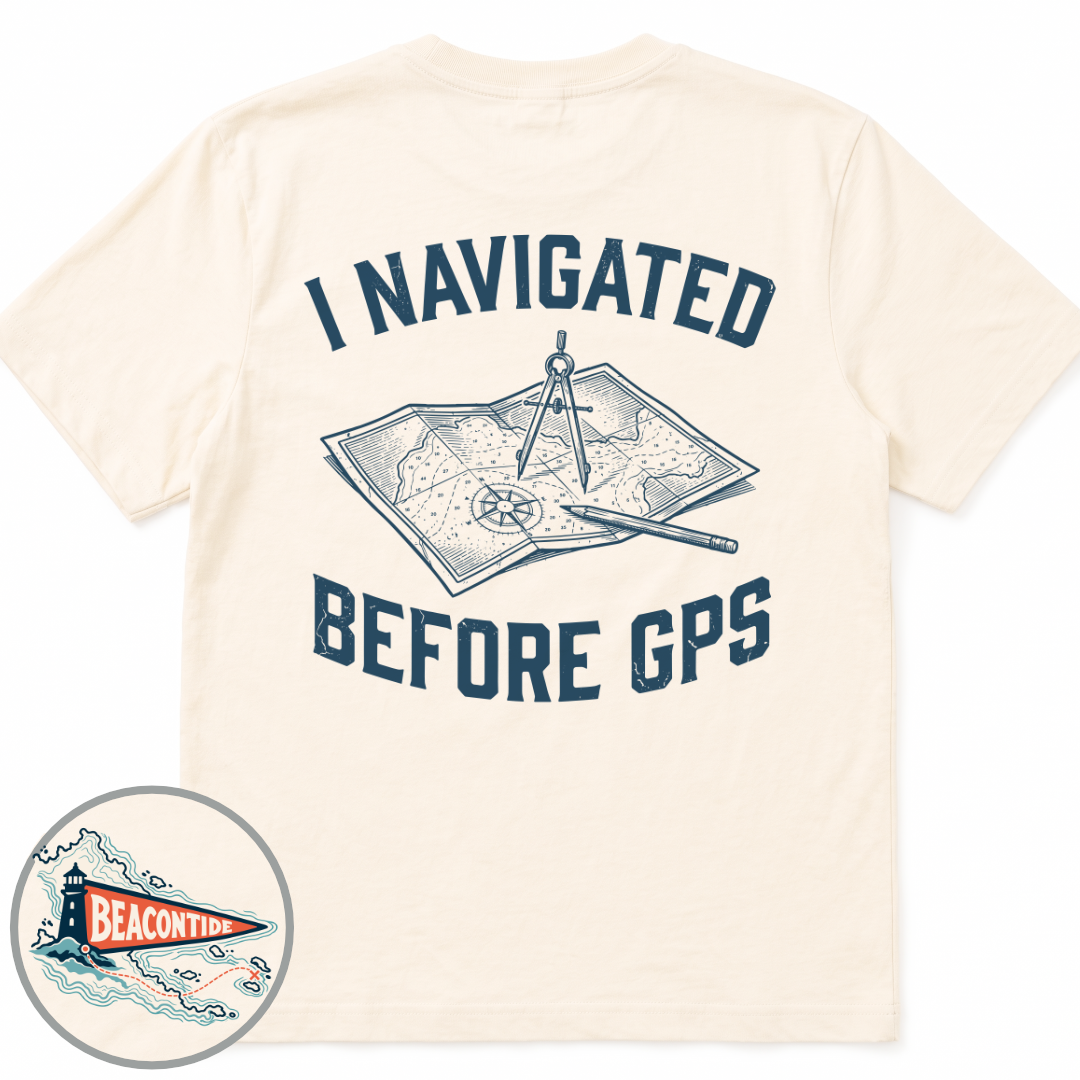 Before GPS Comfort Colors t-shirt in Ivory, back view — paper chart and dividers, I Navigated Before GPS, BeaconTide