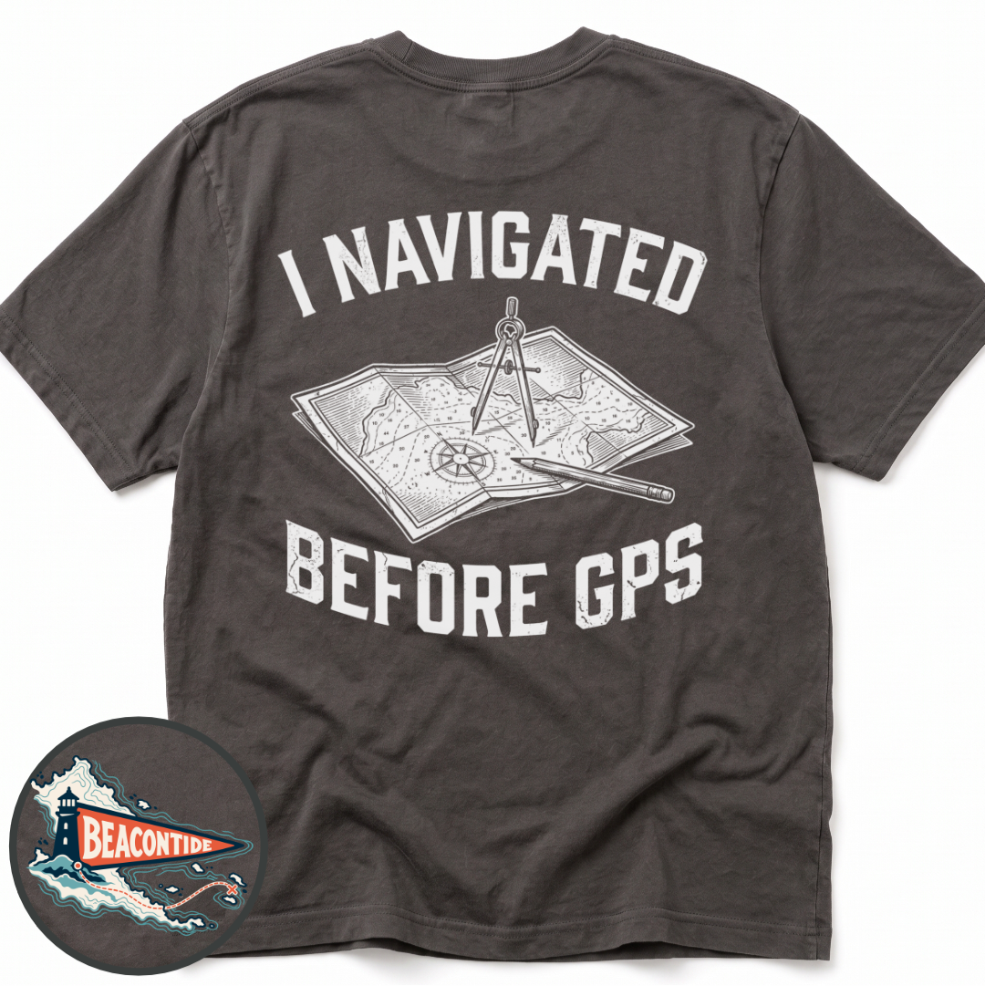 Before GPS Comfort Colors t-shirt in Pepper, back view — paper chart and dividers, I Navigated Before GPS, BeaconTide