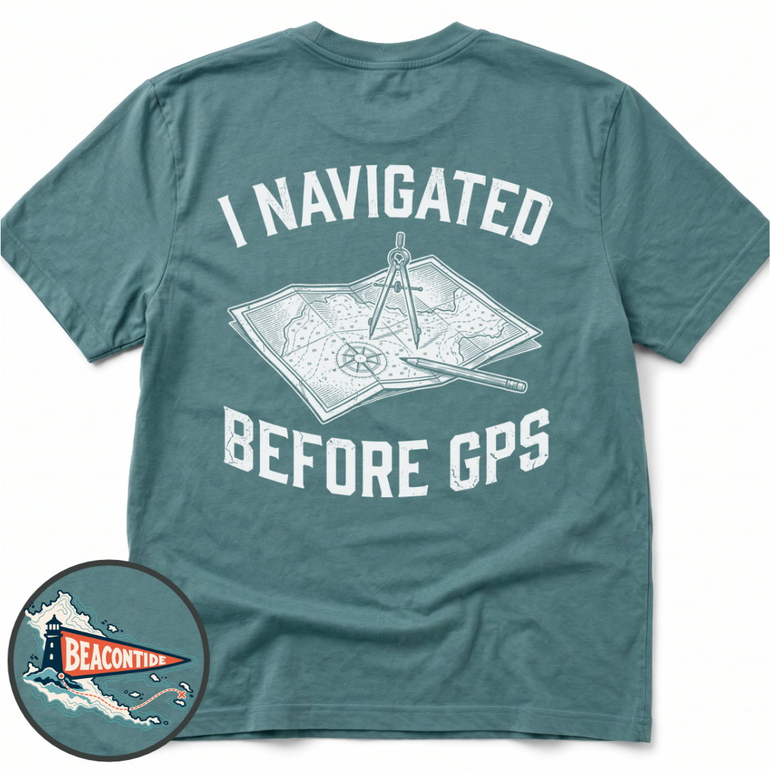 Before GPS Comfort Colors t-shirt in Seafoam, back view — paper chart and dividers, I Navigated Before GPS, BeaconTide