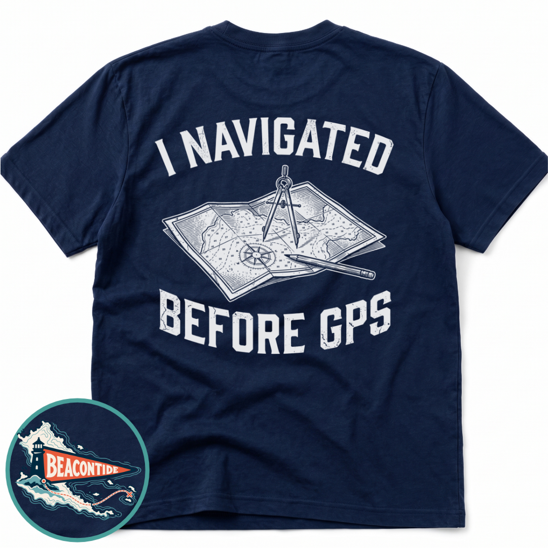 Before GPS Comfort Colors t-shirt in True Navy, back view — paper chart and dividers, I Navigated Before GPS, BeaconTide