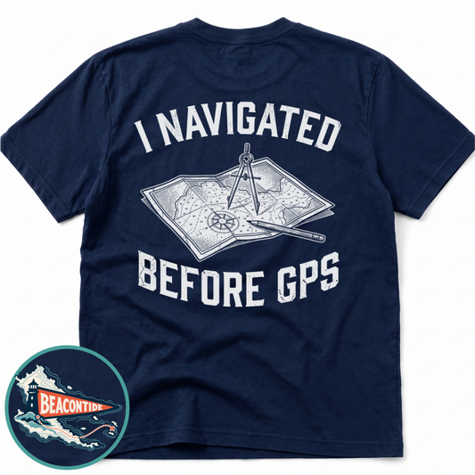 Before GPS Comfort Colors t-shirt in True Navy, back view — paper chart and dividers, I Navigated Before GPS, BeaconTide