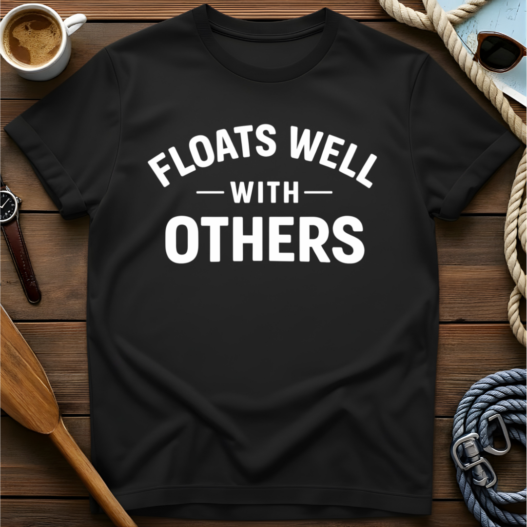 T-shirt with collegiate text reading "Floats Well With Others."