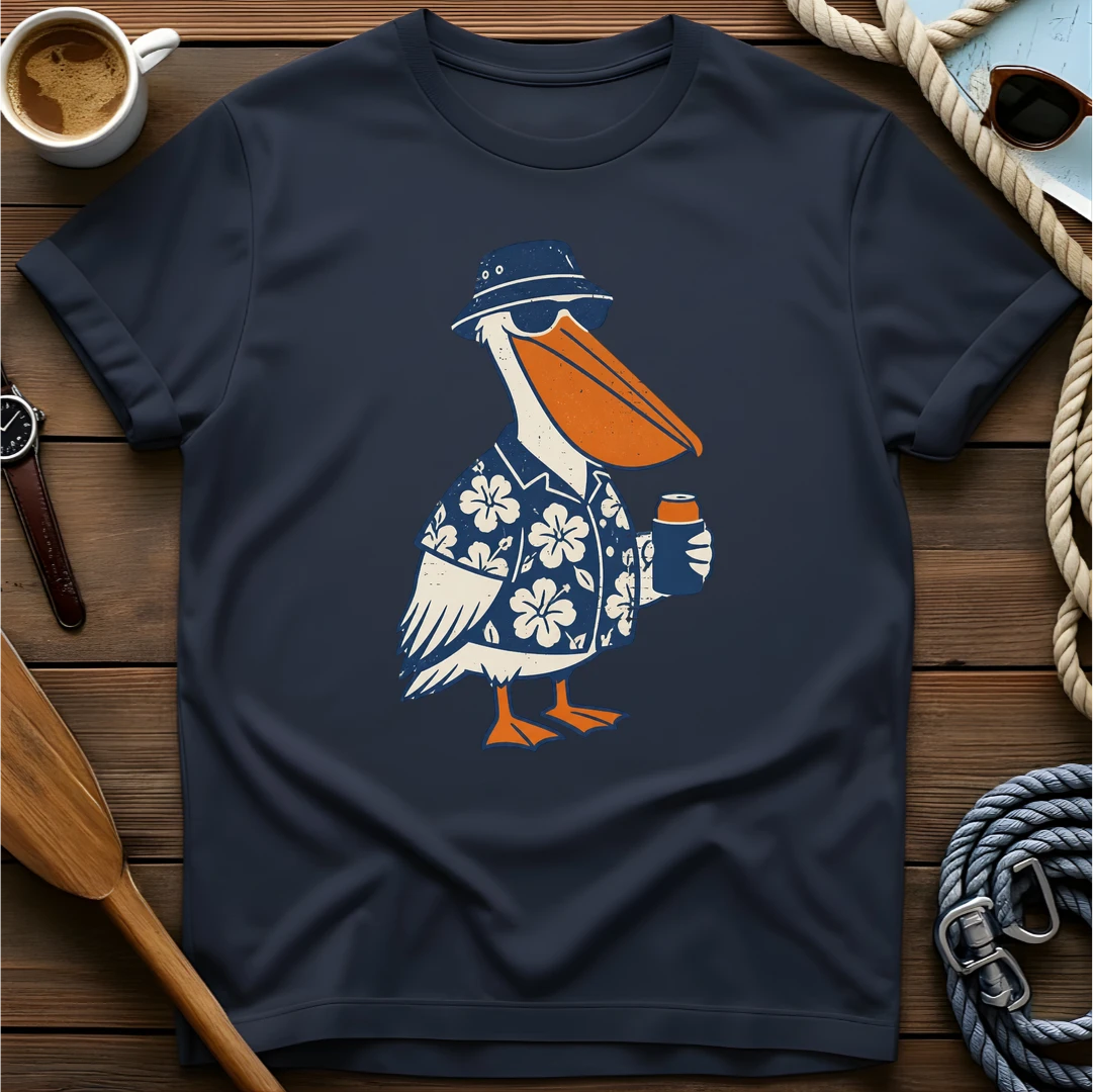 Chill Pelican t-shirt — BeaconTide water life character design.