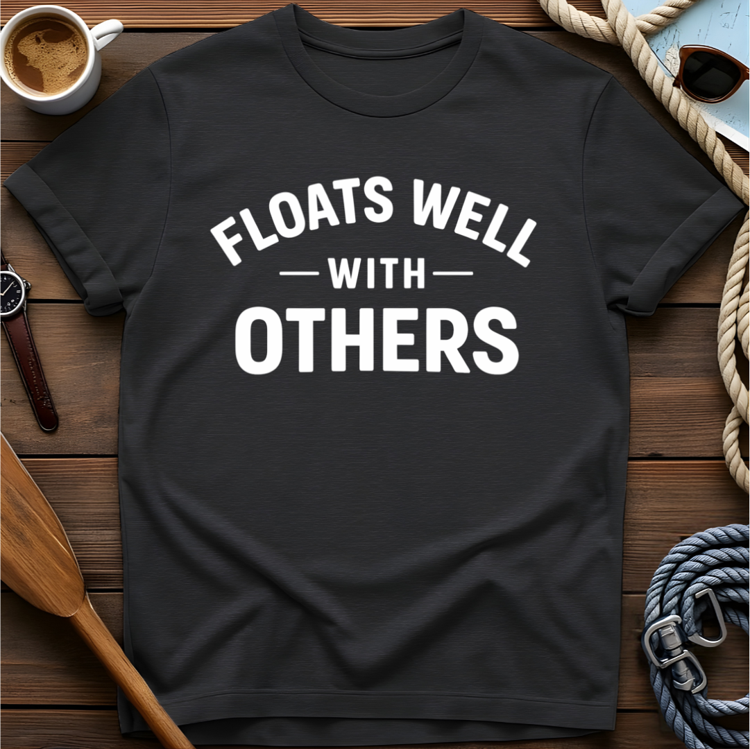 T-shirt with collegiate text reading "Floats Well With Others."
