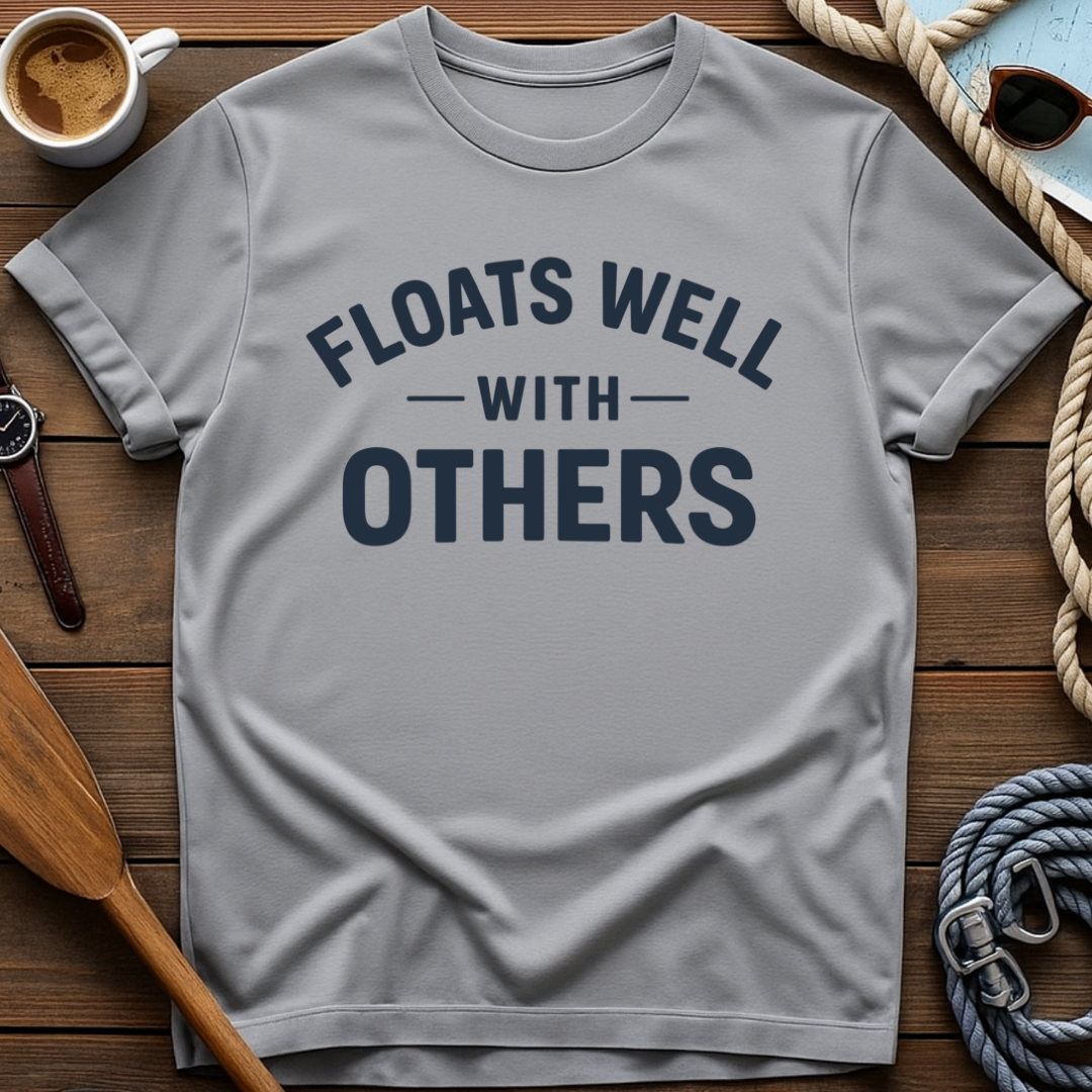 T-shirt with collegiate text reading "Floats Well With Others."