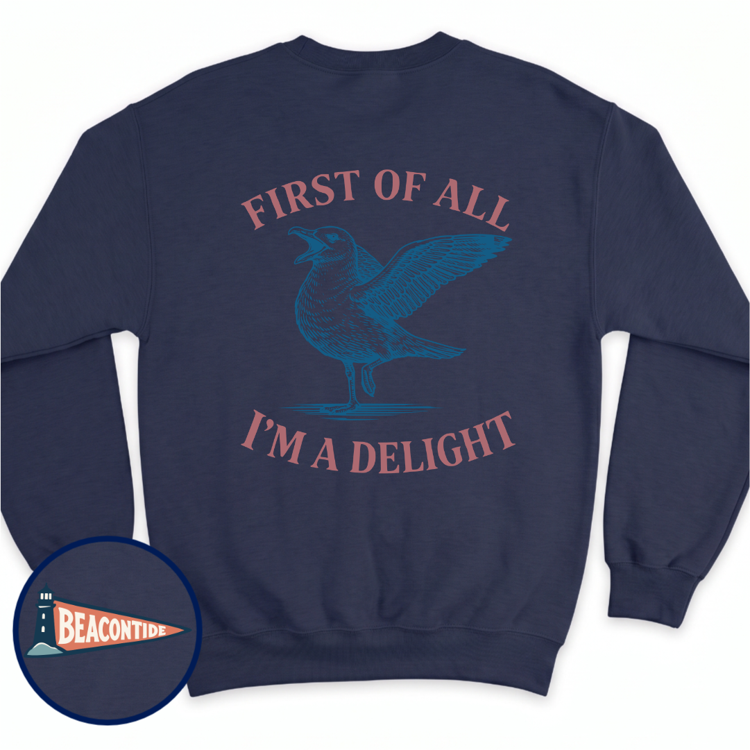I'm A Delight crewneck sweatshirt in Navy, back view — sarcastic seagull with the line First of all, I'm a delight, BeaconTide