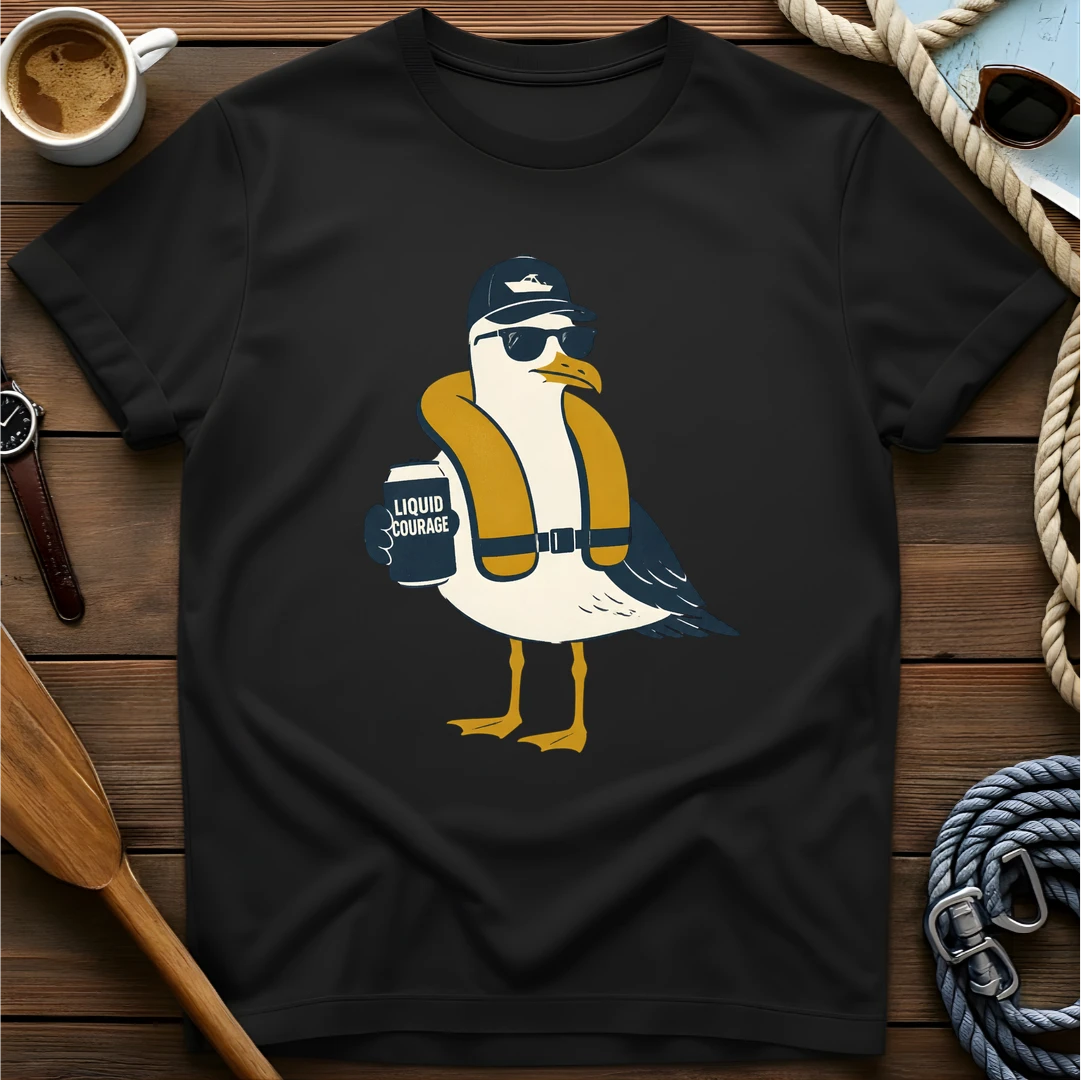 Liquid Courage Gull t-shirt — BeaconTide water life character design.