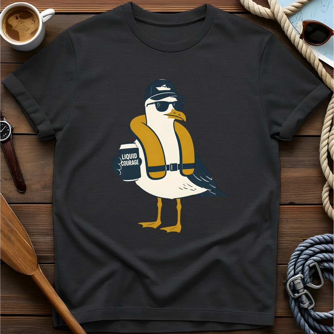 Liquid Courage Gull t-shirt — BeaconTide water life character design.