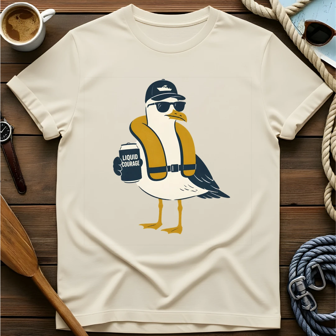 Liquid Courage Gull t-shirt — BeaconTide water life character design.