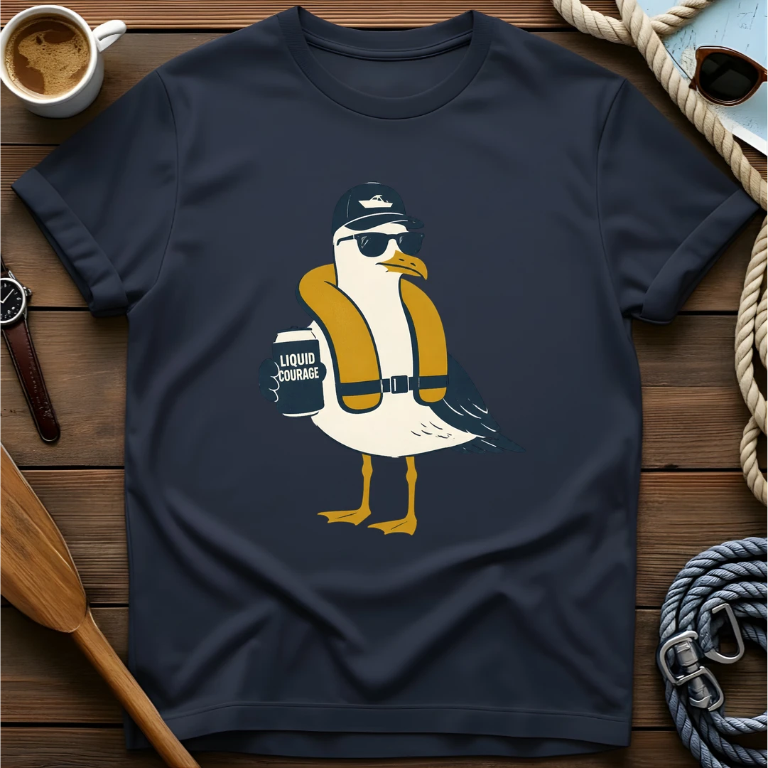 Liquid Courage Gull t-shirt — BeaconTide water life character design.