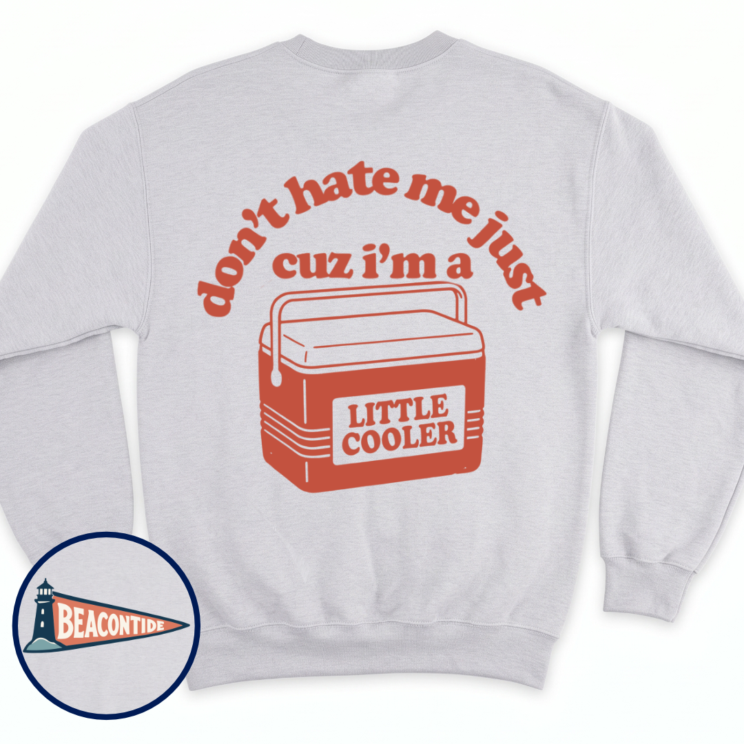 Little Cooler crewneck sweatshirt in Ash, back view — small cooler graphic with the line Little Cooler, BeaconTide