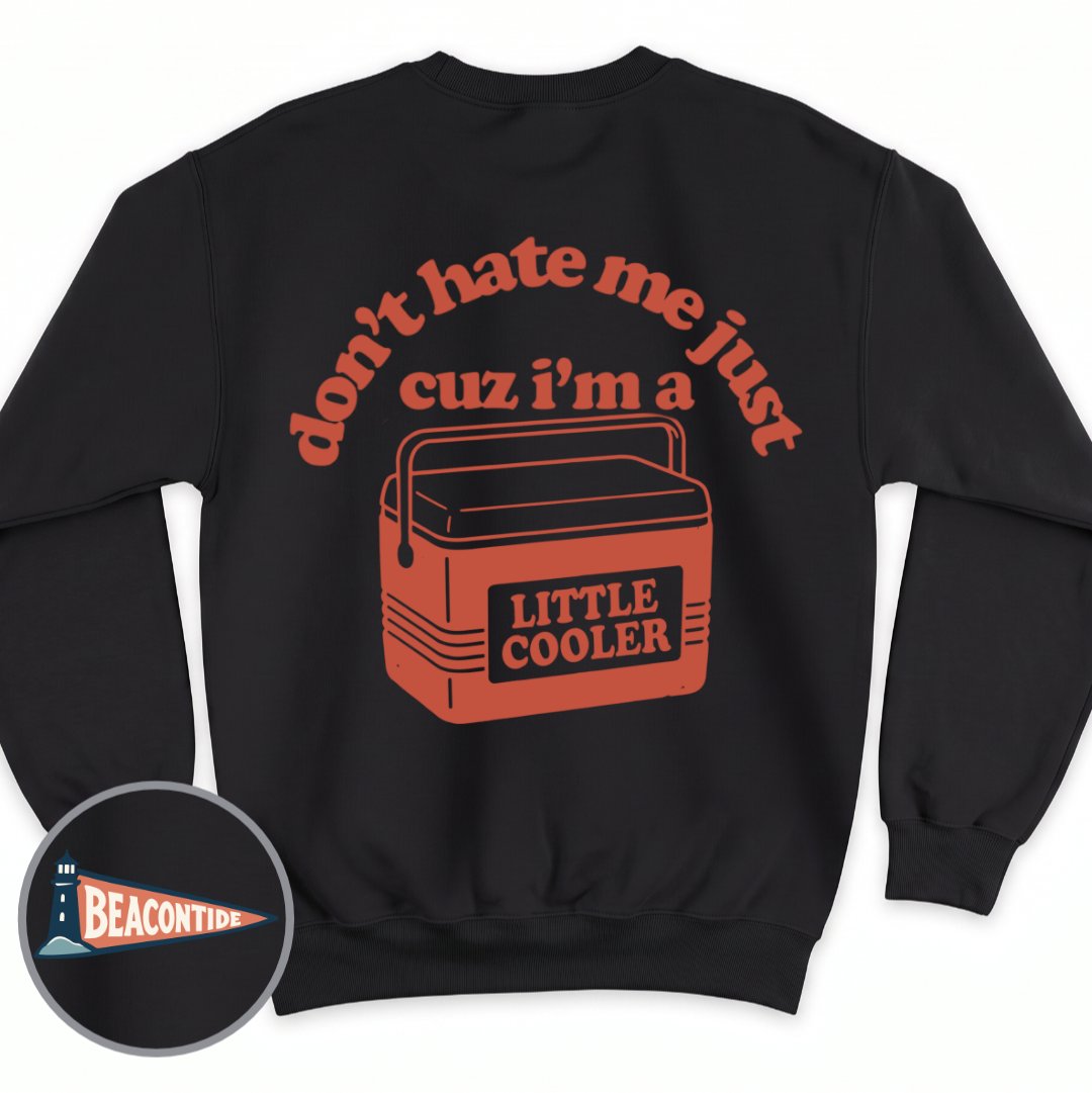 Little Cooler crewneck sweatshirt in Black, back view — small cooler graphic with the line Little Cooler, BeaconTide