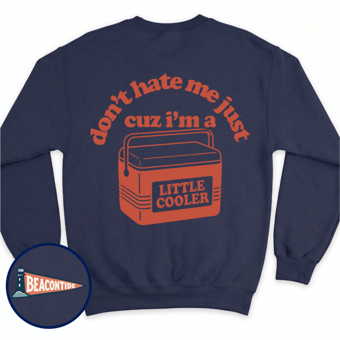 Little Cooler crewneck sweatshirt in Navy, back view — small cooler graphic with the line Little Cooler, BeaconTide