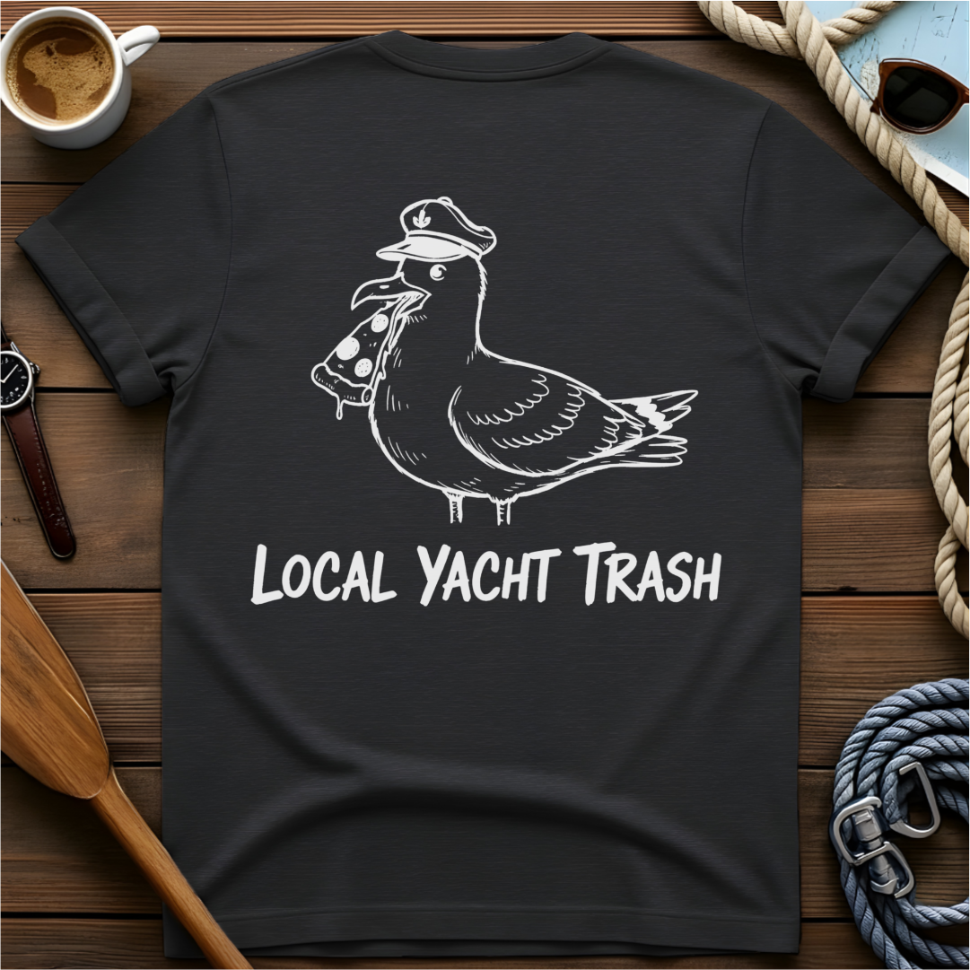 T-shirt with a seagull in a captain's hat eating pizza, above the words "Local Yacht Trash."