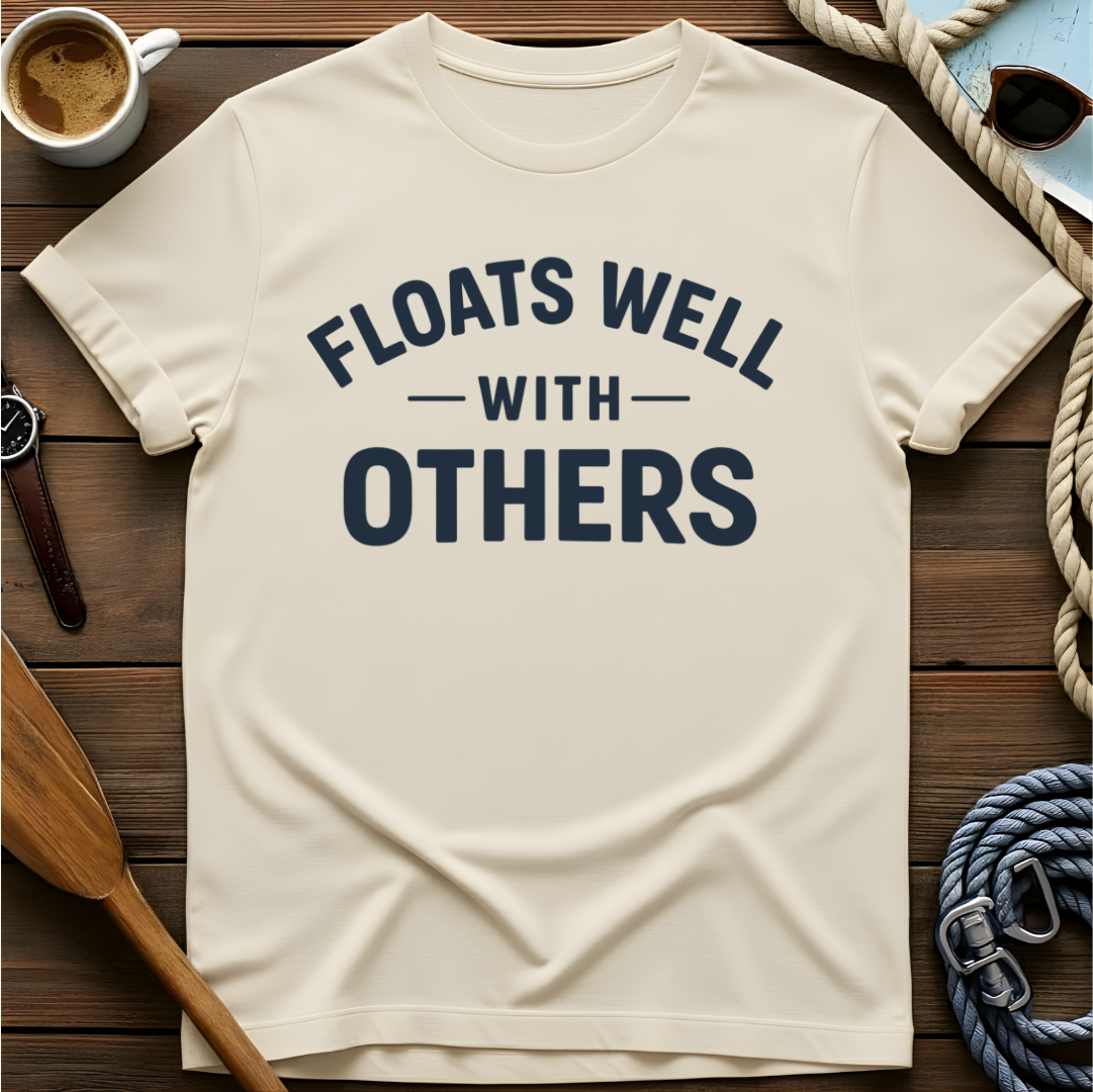 T-shirt with collegiate text reading "Floats Well With Others."
