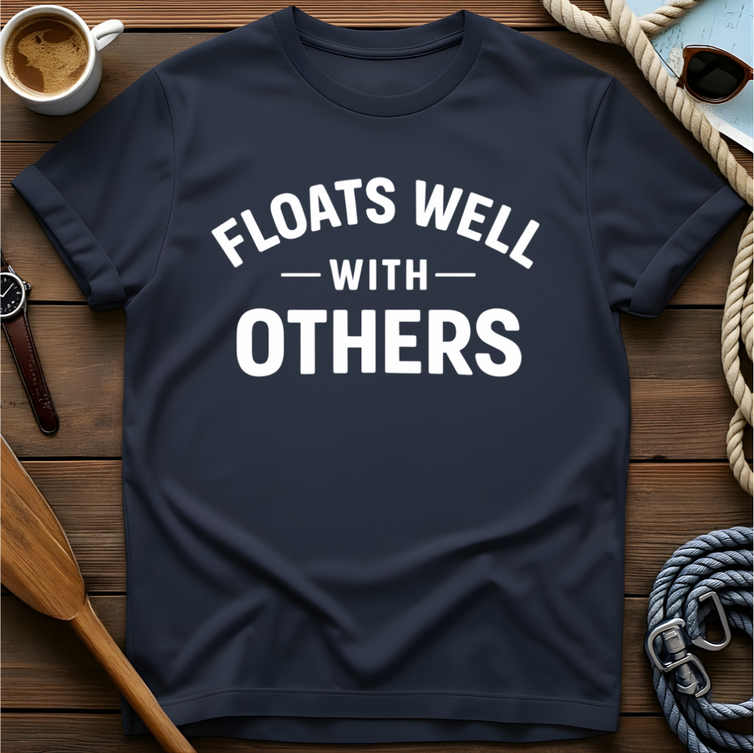 T-shirt with collegiate text reading "Floats Well With Others."