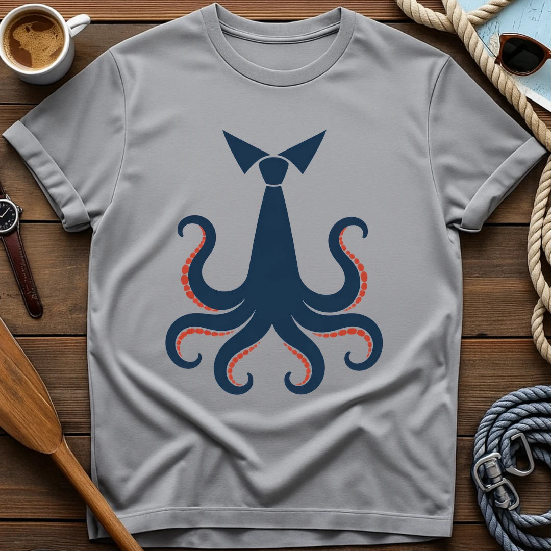 T-shirt with a navy octopus wearing a necktie, tentacles with red-orange suckers spread below.