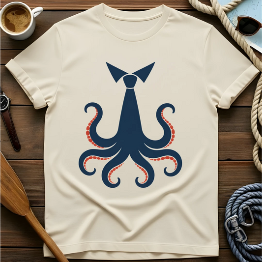 T-shirt with a navy octopus wearing a necktie, tentacles with red-orange suckers spread below.