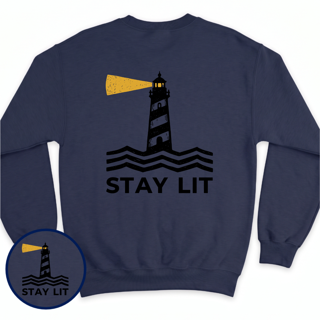 Stay Lit crewneck sweatshirt in Navy, back view — lighthouse graphic with the line Stay Lit, BeaconTide