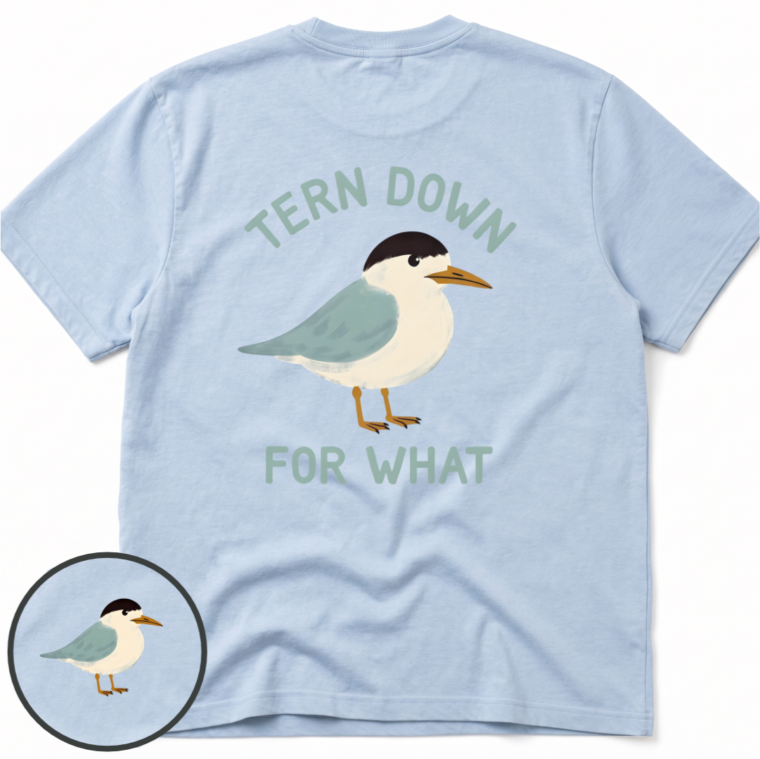 Tern Down Comfort Colors t-shirt in Chambray, back view — tern on the water, Tern Down For What, BeaconTide