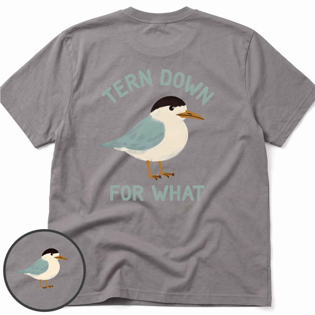 Tern Down Comfort Colors t-shirt in Grey, back view — tern on the water, Tern Down For What, BeaconTide