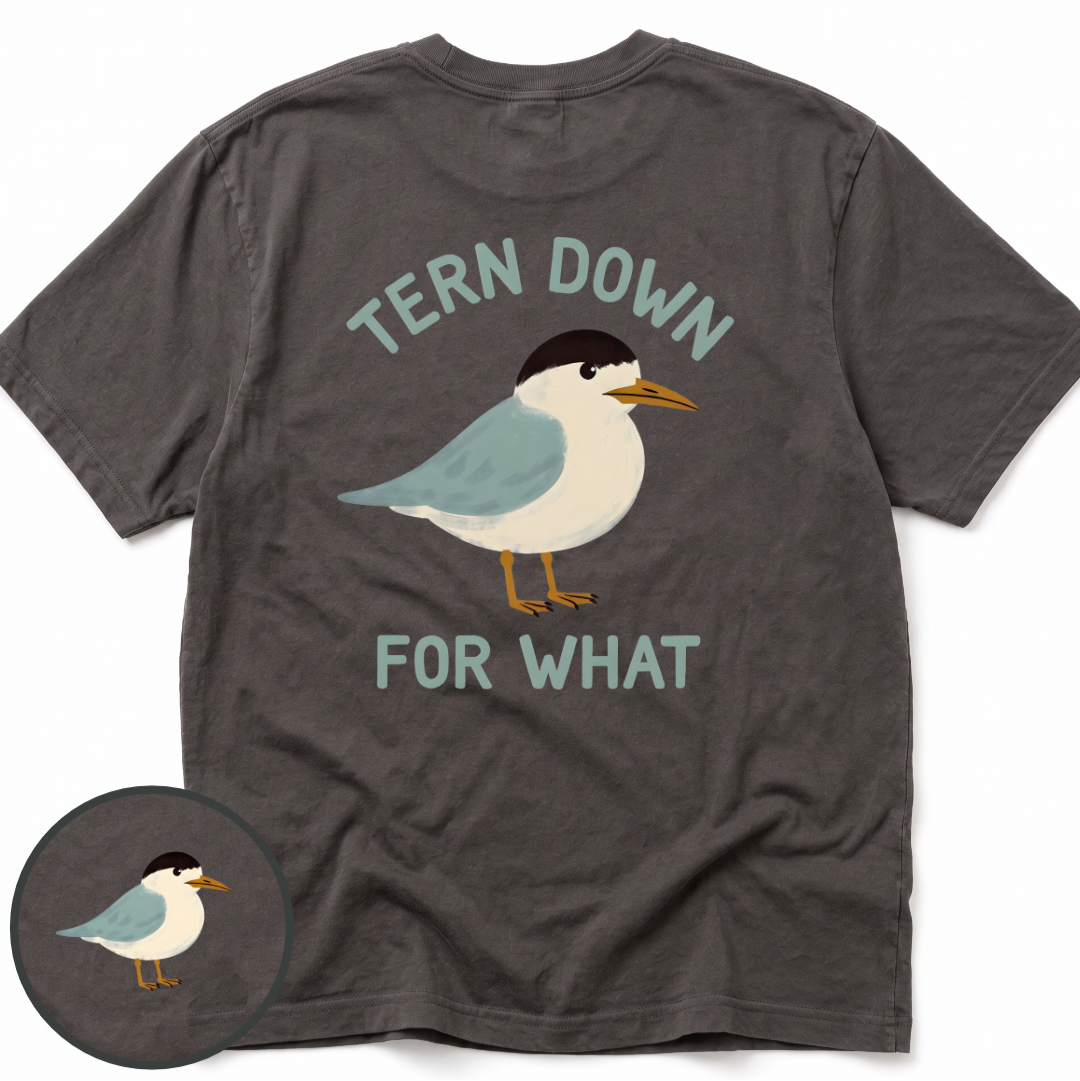 Tern Down Comfort Colors t-shirt in Pepper, back view — tern on the water, Tern Down For What, BeaconTide