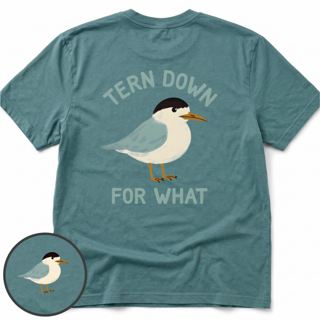 Tern Down Comfort Colors t-shirt in Seafoam, back view — tern on the water, Tern Down For What, BeaconTide