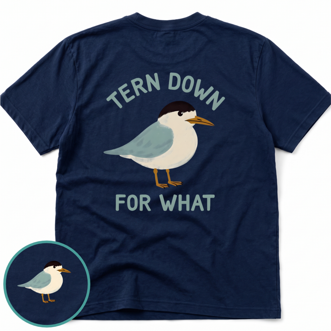 Tern Down Comfort Colors t-shirt in True Navy, back view — tern on the water, Tern Down For What, BeaconTide