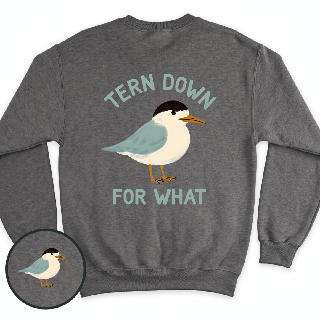 Tern Down crewneck sweatshirt in Dark Heather, back view — a little tern with 'Tern Down For What' in arched sage lettering, BeaconTide
