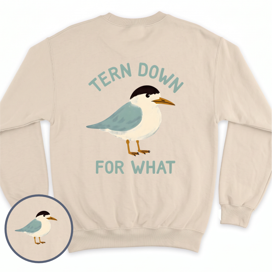 Tern Down crewneck sweatshirt in Sand, back view — a little tern with 'Tern Down For What' in arched sage lettering, BeaconTide