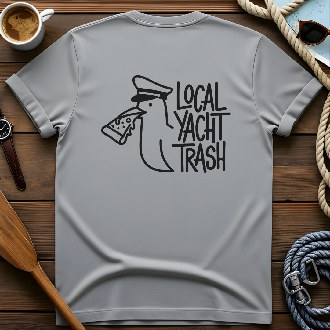 T-shirt with a line-drawn seagull in a captain's hat eating pizza, beside the words "Local Yacht Trash."