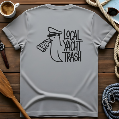 T-shirt with a line-drawn seagull in a captain's hat eating pizza, beside the words "Local Yacht Trash."